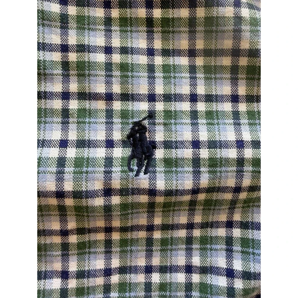 Ralph Lauren Boys Green Blue Plaid Cotton Button-Down Long Sleeve Shirt XL 14-16